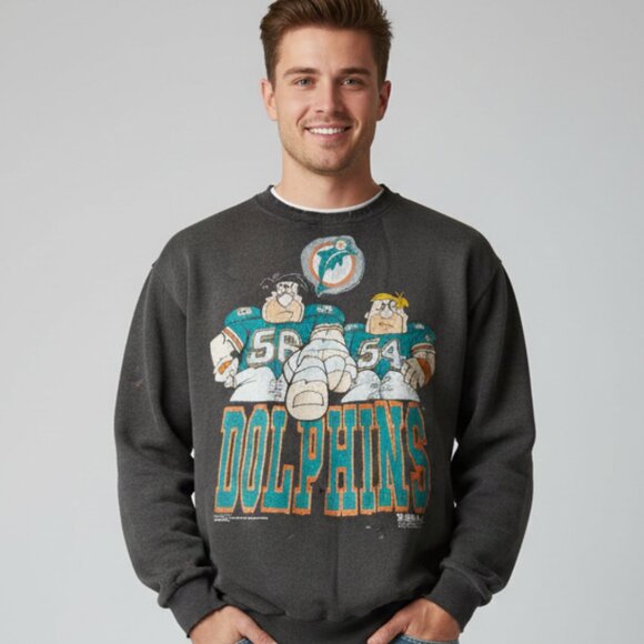 Tultex XL Dolphins Flinstones Sweatshirt Thrashed Faded Football Black Vintage - Picture 1 of 13